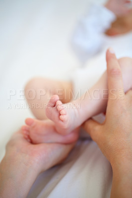 Buy stock photo Baby, feet and hand for protection in bedroom with closeup for safety, security and care. Person, parent and bond with infant for love, support and hope for new life, development or future in home