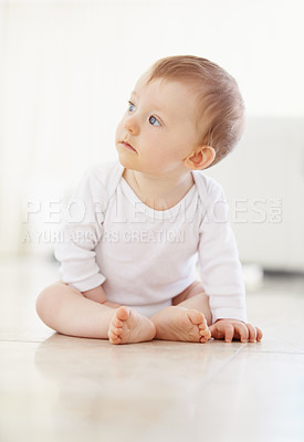 Buy stock photo Home, playing and baby on floor in living room to relax, resting and calm in nursery learning to crawl in morning. Family, youth and infant newborn for child development, growth and wellness in house