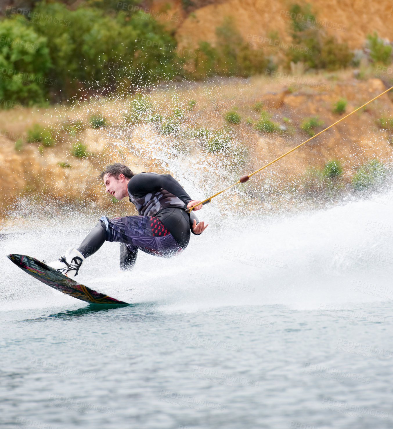 Buy stock photo Trick, wakeboarding and adventure, man on lake with outdoor fun, fitness and wave splash. Balance, water sports and person on river with freedom, speed and energy for surfing challenge, ski and sun.