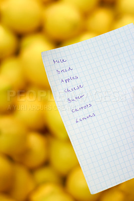 Buy stock photo Cropped shot of a grocery list with basic fresh items on it