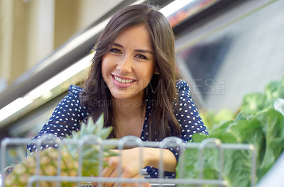 Buy stock photo Shopping, grocery and smile with portrait of woman with trolley for supermarket, food and retail. Happy, food and product with female customer and cart in store for consumer, purchase and sale