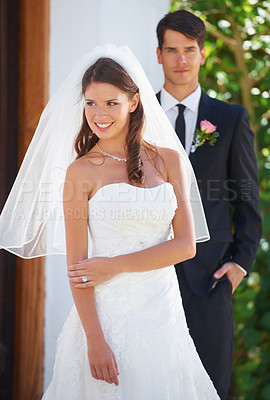 Buy stock photo Couple, wedding and outdoor with smile, portrait and memory for commitment to relationship in summer. Man, woman and happy together for marriage, event and celebration with fresh start in sunshine