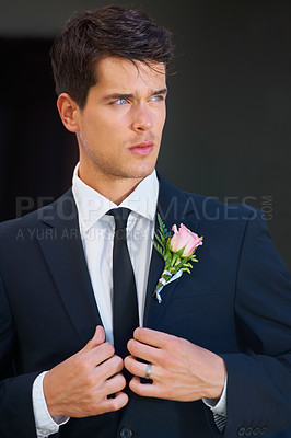 Buy stock photo Groom man, thinking and wedding with suit, rose or flower for celebration, event or party for memory. Person, vision and idea for choice, marriage or commitment to relationship with floral decoration