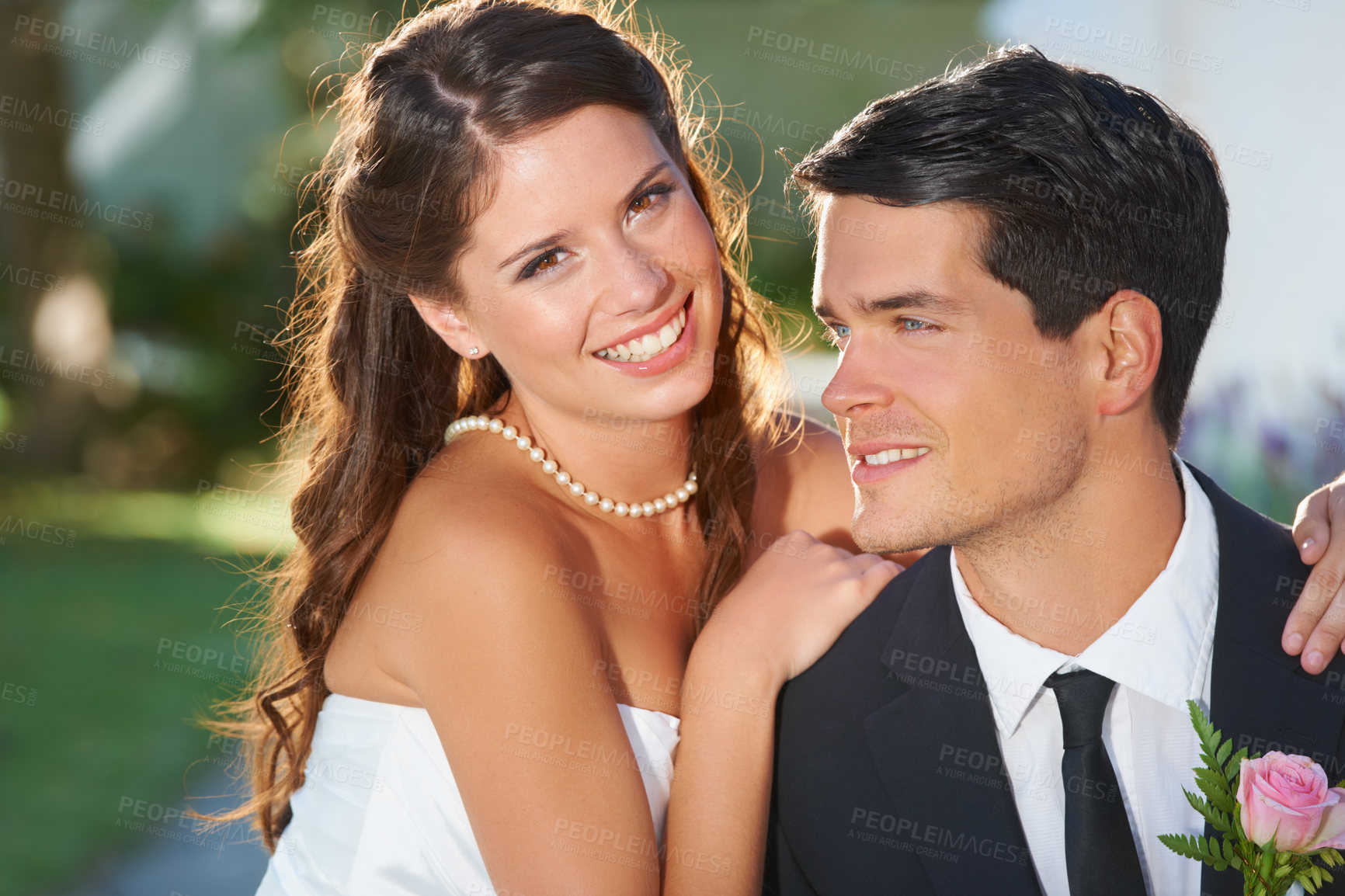 Buy stock photo Couple, wedding and together with smile, portrait and memory for commitment to relationship in summer. Man, woman and happy for marriage, event and celebration with fresh start in sunshine with love