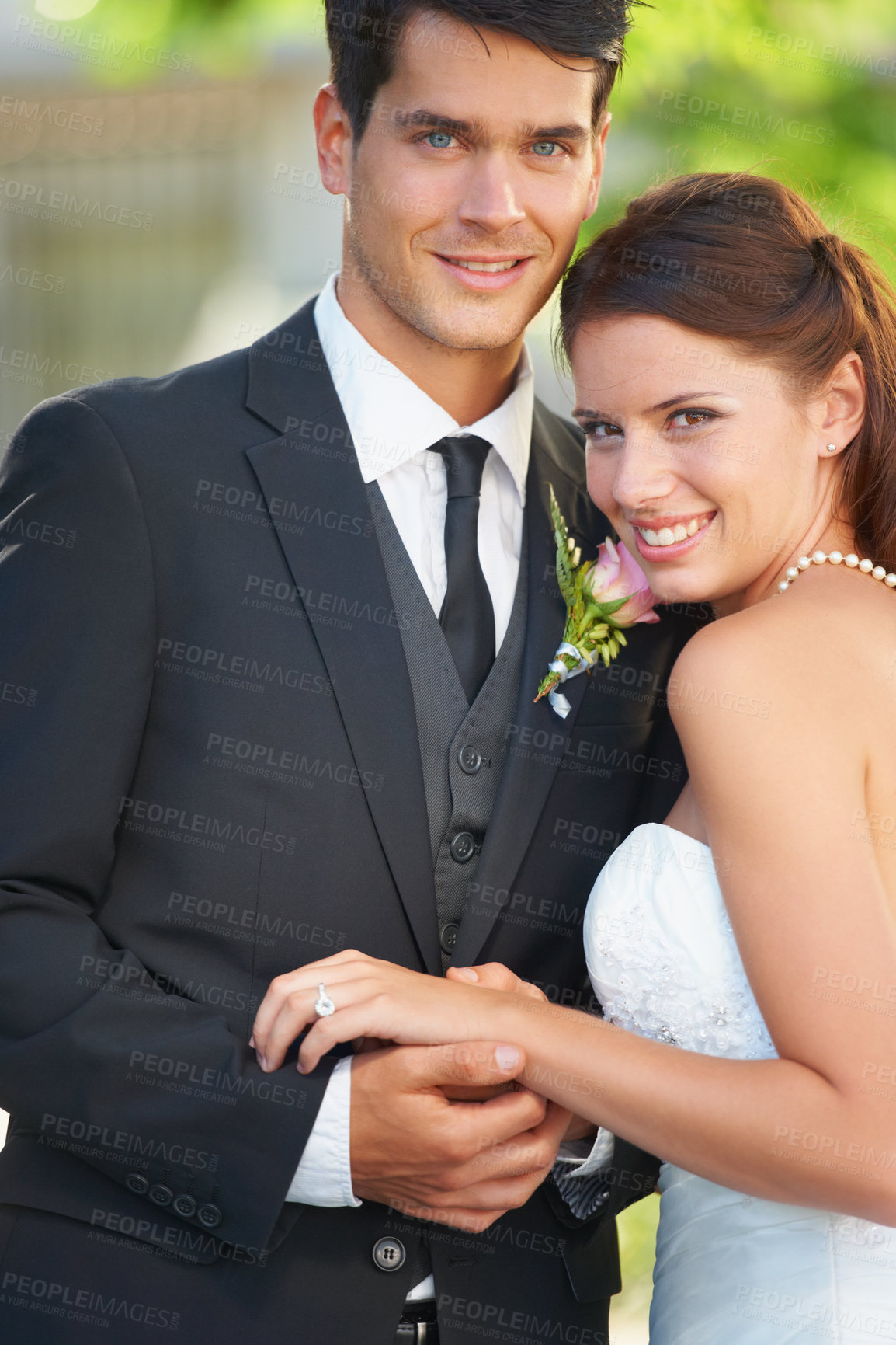 Buy stock photo Wedding, portrait and bride and groom hug with love, celebration or union, romance or outdoor garden ceremony. Commitment, marriage and face of couple with support, trust and security or life event