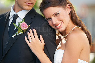 Buy stock photo Bride woman, hug groom and portrait with smile, diamond ring and excited with love, care and fresh start. Couple, wedding and commitment to marriage in summer, outdoor and together for celebration