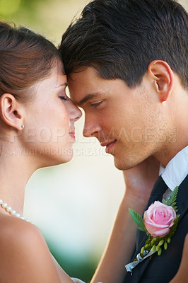 Buy stock photo Wedding, face and bride and groom together with love, trust and solitude, security and respect. Marriage, commitment and couple together for romantic, ceremony or support, celebration or gratitude