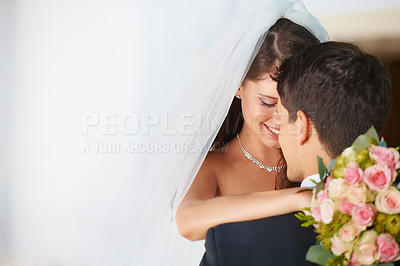 Buy stock photo Romance, happy couple and embrace at wedding with love, smile and commitment at reception. Mockup, woman and man hugging at marriage celebration with flower bouquet, partnership and future together