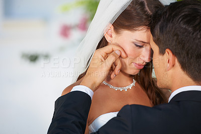 Buy stock photo Love, face of bride and groom embrace at wedding with smile, touch and commitment at reception. Romance, woman and man hugging at marriage celebration with happiness, loyalty and future together.