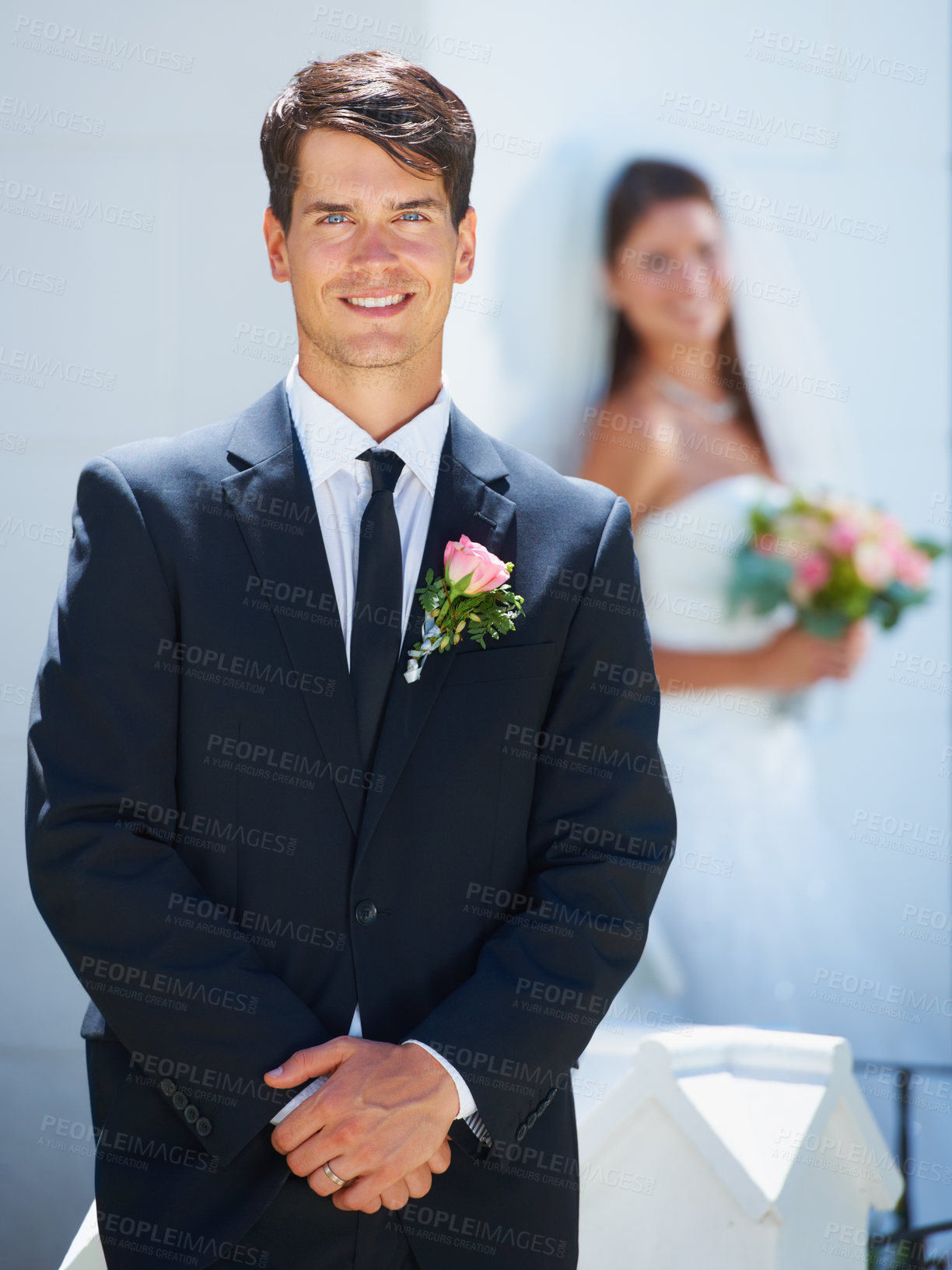 Buy stock photo Man, groom and smile in portrait, outside and commitment for marriage, positive and elegant. Male person, face and outdoor wedding, love and romance for relationship, husband and joy for event