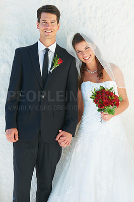 Buy stock photo Portrait, happy couple and holding hands at wedding with bouquet of roses, love and commitment at reception. Flowers, woman and man at marriage celebration with smile, loyalty and future together.