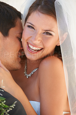 Buy stock photo Portrait, happy woman and man embrace at wedding with smile, love or commitment for couple at reception. Romance, bride and groom hugging at marriage celebration with fun, loyalty and future together