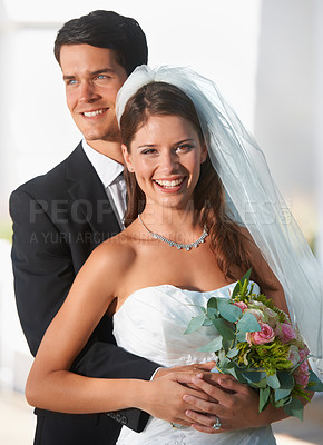 Buy stock photo Wedding, couple and woman portrait with love, smile and happy from celebration of bride and groom. Outdoor, commitment and trust with care and suit for marriage event with support and romance