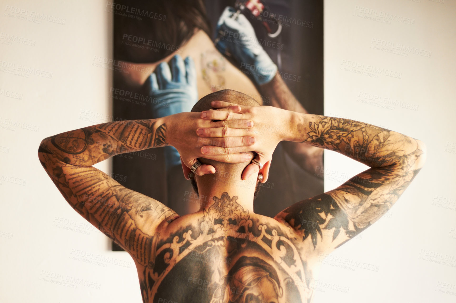 Buy stock photo Man, tattoo and back or art with body with creativity or unique or shirtless at house. Tattoos, male person and backwards with ink with hands on head with skin for aesthetic or creative or edgy.