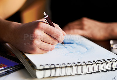 Buy stock photo Hands, notebook or person drawing picture, creative sketch or fantasy cartoon design on paper. Creativity, closeup graphic art or designer artist working on comic, tattoo project or animation process