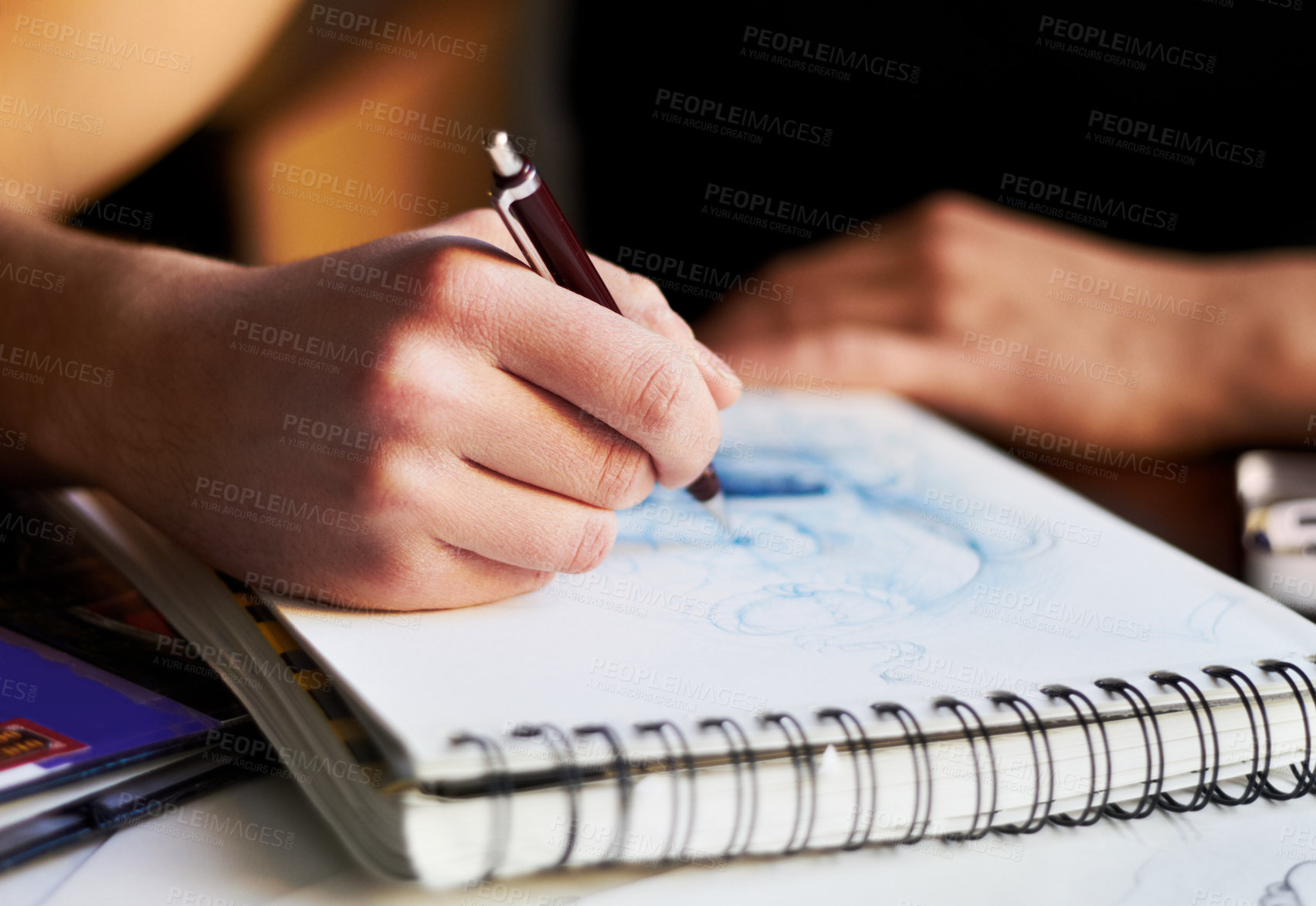 Buy stock photo Hands, notebook or person drawing picture, creative sketch or fantasy cartoon design on paper. Creativity, closeup graphic art or designer artist working on comic, tattoo project or animation process