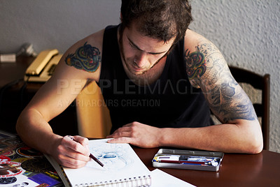 Buy stock photo Art, notebook or man drawing picture, unique creative sketch or cartoon character design. Talent, illustration designer or male artist inspiration for comic, ink tattoo or artwork development process