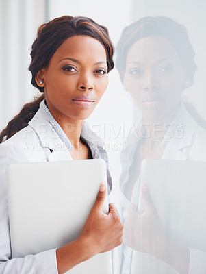 Buy stock photo Black woman, laptop and business portrait by window, reflection and financial advisor in workplace. African entrepreneur, computer and confident face with pride, project management and modern office