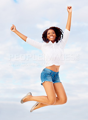 Buy stock photo Black woman, jumping and excited in air with travel, vacation of winner happy from holiday. Winning, African person and leap with joy from celebration, achievement and freedom outdoor with smile