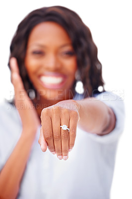 Buy stock photo Woman, hand and engagement ring for showing in studio for proposal mock up on white background in New York. Black person, smile and happy in excitement for yes, good news and announcement in space