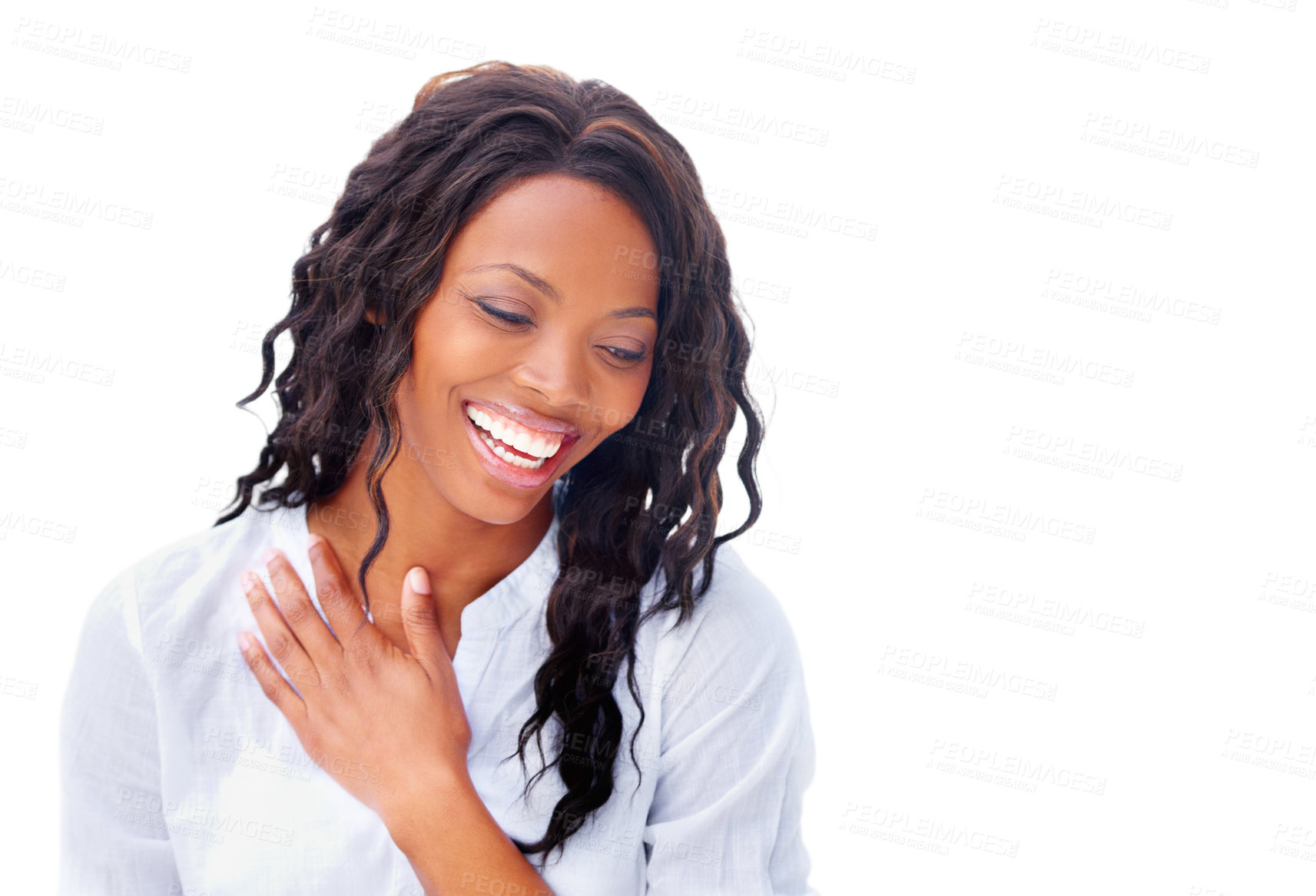 Buy stock photo Black woman, thinking or happy in studio with fashion, casual style and confidence on white background. African person, face or smile for ideas, natural beauty and positive mindset with mock up space