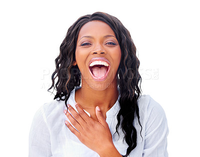 Buy stock photo Woman, portrait and laughing happy in studio for funny joke, humor comedy or positivity. Black person, model and face for smile confidence cheerful on white background or mockup space, meme or joy