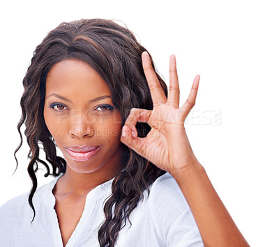 Buy stock photo African woman, ok sign and studio portrait for vote, decision and icon for review by white background. Girl, hand and emoji for yes, voice and feedback for opinion, face and symbol with success