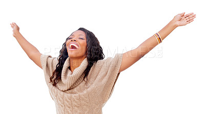 Buy stock photo Cropped view of a pretty african american woman smiling with her arms outstretched