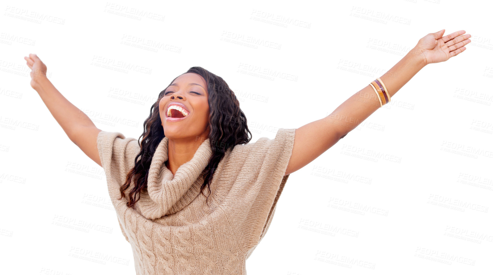 Buy stock photo Cropped view of a pretty african american woman smiling with her arms outstretched