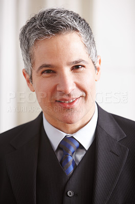 Buy stock photo Happy, mature businessman and portrait at work for a corporate job or management salesman. Smile, suit and a headshot of an expert executive manager, ceo or advisor of a sales company in an office