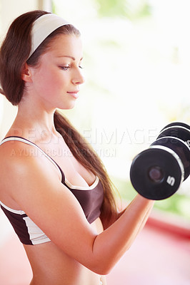 Buy stock photo Profile, workout and woman with dumbbells for exercise, training and sports. Athlete, bodybuilder and female person weight lifting for strong muscle, power or fitness, health and wellness in gym.