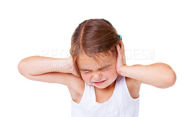 Buy stock photo A little girl covering her ears and closing her eyes