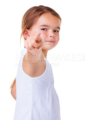 Buy stock photo Portrait, vote and pointing with a girl child in studio isolated on a white background for choice. Hand, finger and you with an adorable young kid confident in her gesture for decision or option