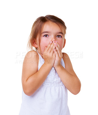 Buy stock photo Face, wow and surprise with a girl child in studio isolated on a white background for omg expression. Children, hands and emoji with an adorable little kid looking shocked by a news alert or gossip