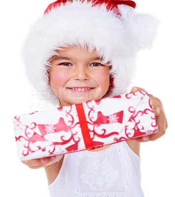 Buy stock photo Portrait of a little girl giving you a Christmas present