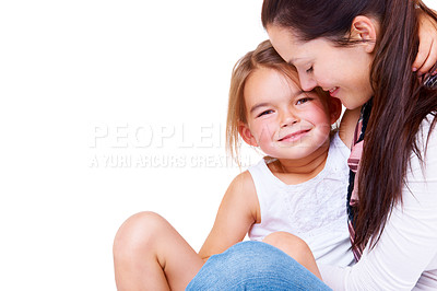 Buy stock photo Portrait of a cute little girl sitting in her mother's arms