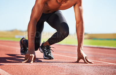 Buy stock photo Man, runner and starting line for sprint, athlete and training for marathon, olympics and race or competition. Black male person, ready and exercising or outdoors, practice and workout or fitness