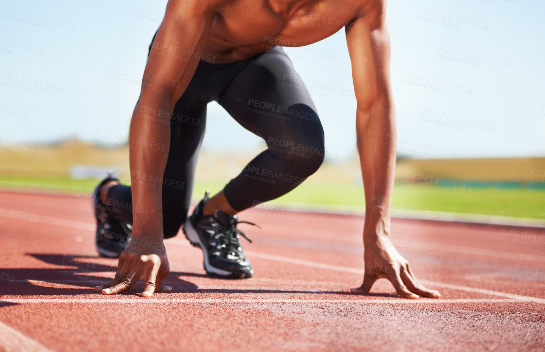 Buy stock photo Man, runner and starting line for sprint, athlete and training for marathon, olympics and race or competition. Black male person, ready and exercising or outdoors, practice and workout or fitness