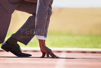 Buy stock photo Race track, start and man in a suit for sport, running and fitness, cardio and speed practice. Starting line, ready and formal male sports runner at a stadium for challenge, performance and workout