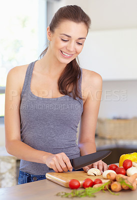 Buy stock photo Woman, thinking and smile with knife or vegetables for nutrition, cooking or healthy meal in kitchen of home. Person, face and chopping board with mushroom, tomato and carrots for wellness and diet