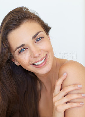 Buy stock photo Portrait, skincare and aesthetic with a young woman in studio on a white background for natural cosmetics. Face, beauty or dermatology and a happy person looking confident with her skin routine