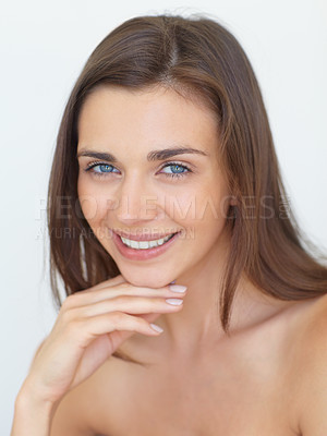 Buy stock photo Portrait, smile and beauty with a natural woman in studio on a white background for skincare wellness. Face, aesthetic or dermatology and a happy person looking confident with her skin routine