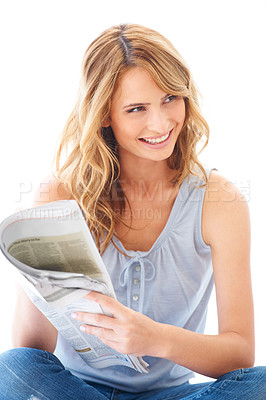 Buy stock photo Woman, reading and happy with newspaper, studio or update for global sports, financial index and info. Girl, paper and smile for international news, crossword or story with idea by white background