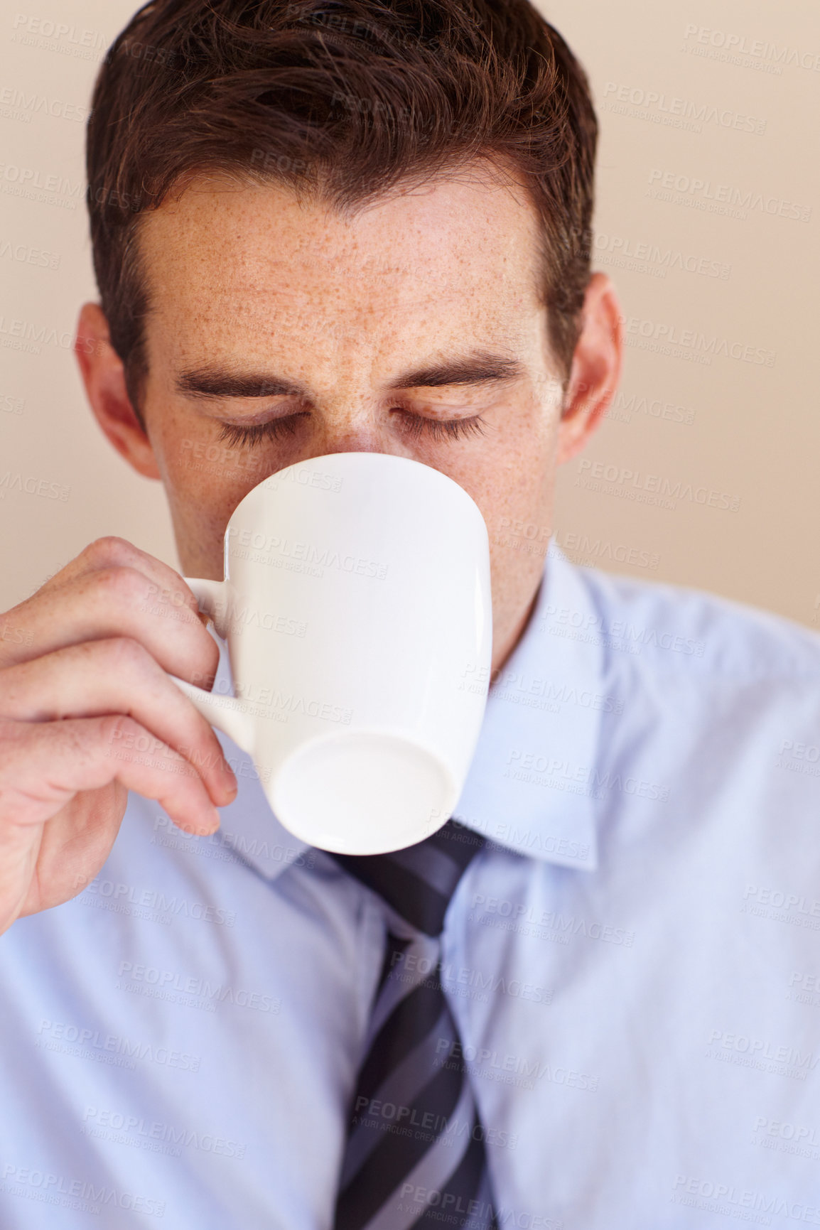 Buy stock photo Coffee cup, face and business man drink hot chocolate, warm cacao liquid or morning wellness beverage. Eyes closed, espresso and relax corporate person with latte, cappuccino or matcha green tea mug
