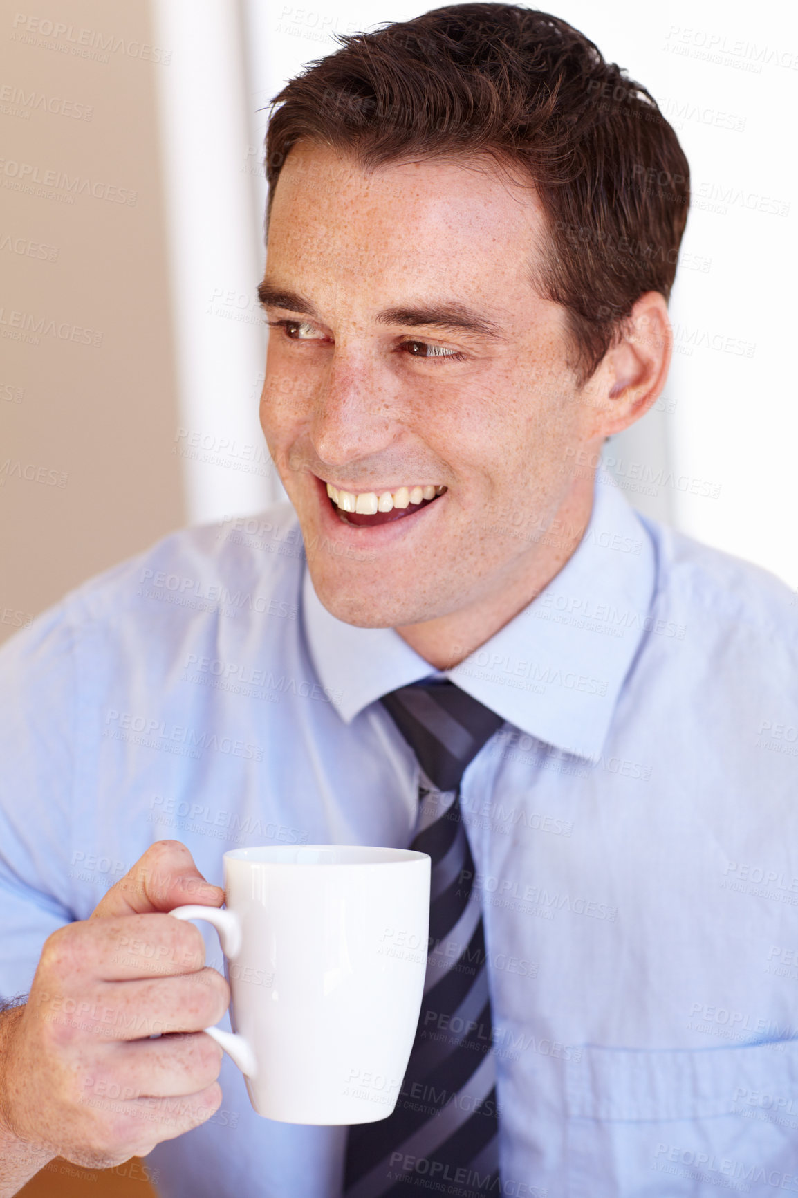 Buy stock photo Coffee break mug, happy and business man drinking hot chocolate, warm coco liquid or morning wellness beverage. Happiness, relax and professional businessman with latte, cappuccino or green tea cup