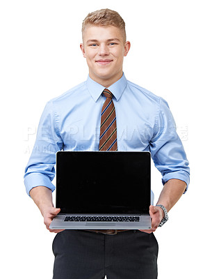 Buy stock photo A handsome young businessman holding a laptop open for you while isolated on white