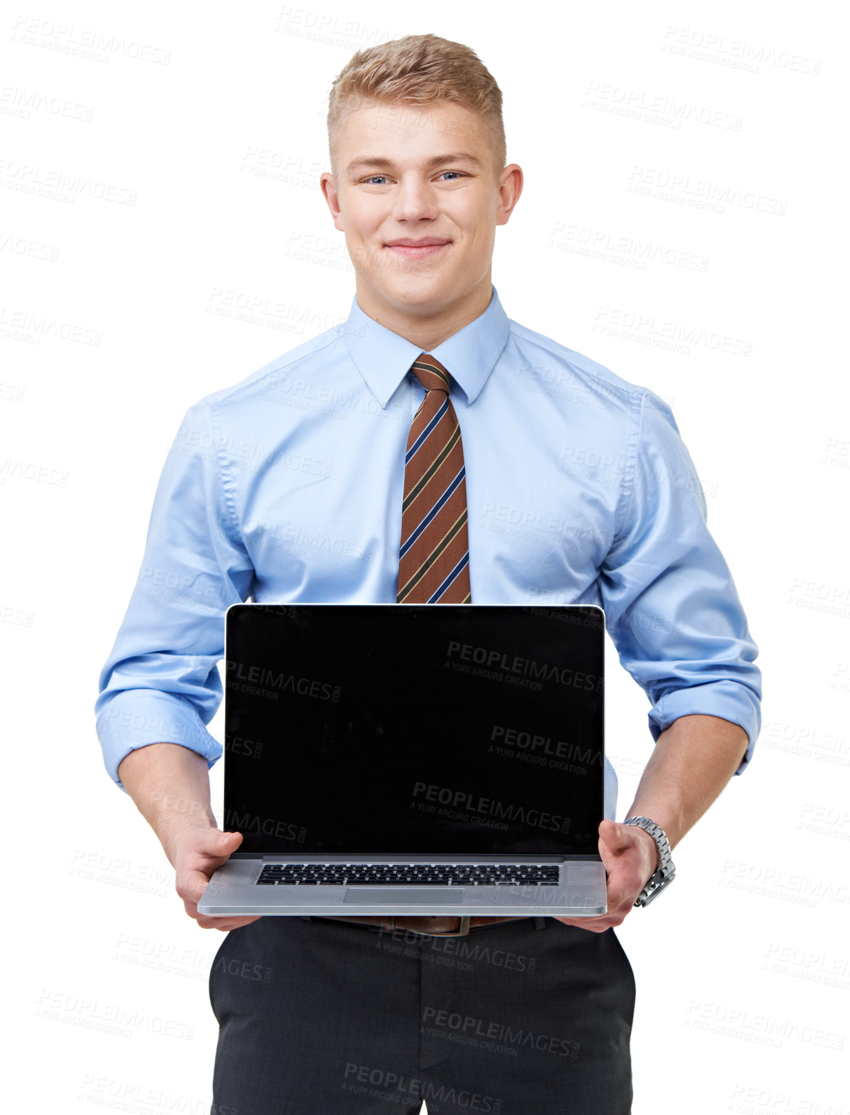 Buy stock photo A handsome young businessman holding a laptop open for you while isolated on white