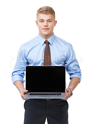 Buy stock photo Portrait, business man and laptop screen in studio for presentation, information and promotion coming soon. Computer, mockup space and corporate ambassador advertising email offer on white background