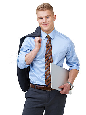 Buy stock photo A young businessman with his jacket over his shoulder holding a laptop