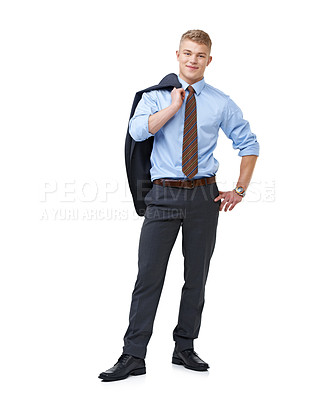 Buy stock photo Businessman, worker and smile for portrait, consultant and professional on white background. Confident, young and suit for career, financial clerk and man for startup, mockup space and corporate
